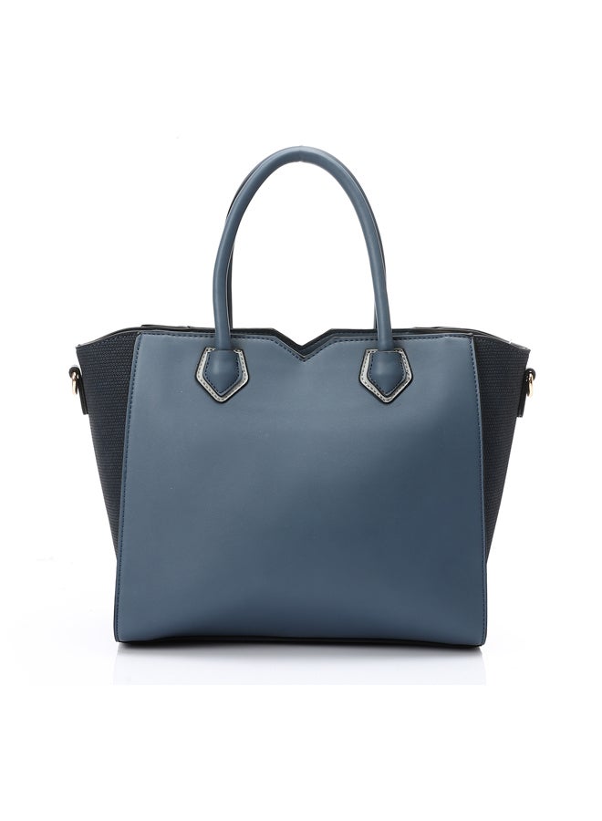 DejaVu Multi Pockets Zipped Top Handle Bag - Navy, Steel Blue & Off White  - Image 2