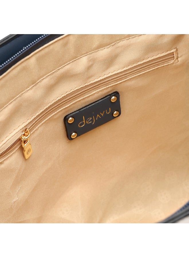 DejaVu Multi Pockets Zipped Top Handle Bag - Navy, Steel Blue & Off White  - Image 4