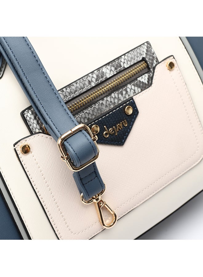 DejaVu Multi Pockets Zipped Top Handle Bag - Navy, Steel Blue & Off White  - Image 3