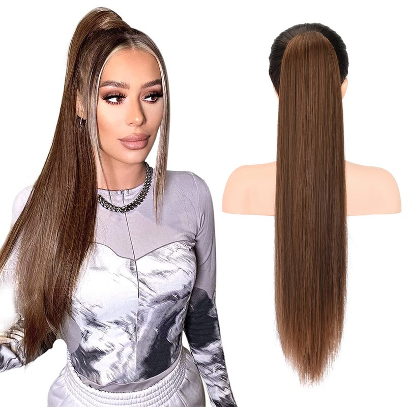 SEIKEA 28 Ponytail Extensions Drawstring Long Straight Fake Pony Tail Natural Soft Clip in Hair Extension Synthetic Heat Resistant Hairpiece  Warm Medium Brown