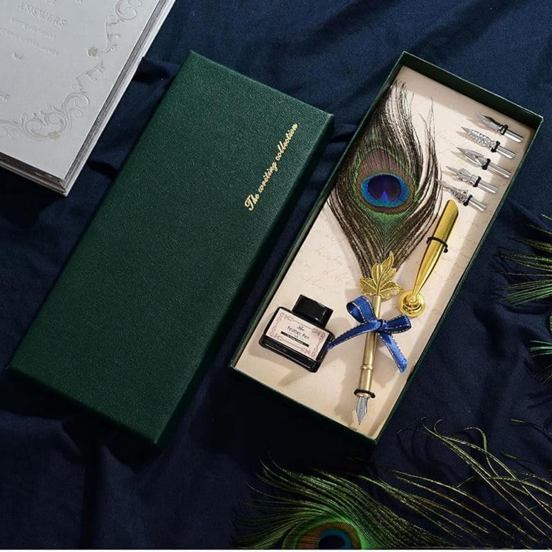 SKY-TOUCH Peacock Feather Pen Set: Nice Quill Pen With Metal Pen Handle Cool Calligraphy Pens With Nib Holder Dip Pen For Journaling Gift Desk Decor - Image 2