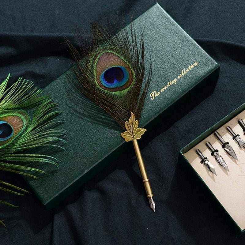 SKY-TOUCH Peacock Feather Pen Set: Nice Quill Pen With Metal Pen Handle Cool Calligraphy Pens With Nib Holder Dip Pen For Journaling Gift Desk Decor - Image 3