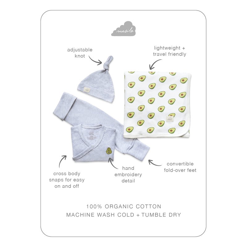 Masilo Masilo Organic Cotton Welcome Baby Bundle - Top/Pant/Top Knot Cap/Receiving Blanket/Unisex, 3-6 Months, Avocado-Grey - Image 2