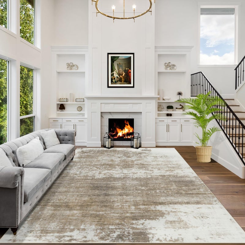 Gent drizz 8x10 Area Rugs Washable Rug: Modern Abstract Living Room Rug Soft Anti-Skid Thin Carpet Indoor Floor Non-Shedding Carpets for Bedroom Dining Room Farmhouse Nursery Home Office Brown White - Image 1