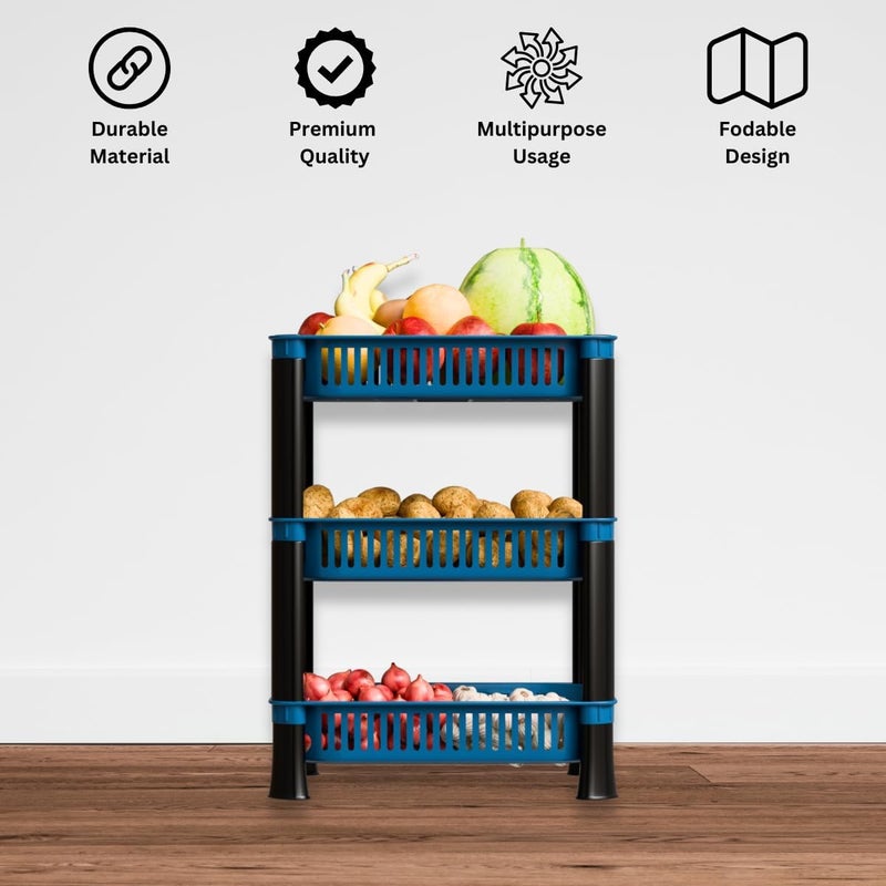 Biltoxi Multipurpose Plastic Storage Rack for Kitchen, Onion Potato Sabji, Fruit Corner Storage Stand Basket, Folding Rack, Countertop Kitchen Organizer Cart, Trolley Rack (3 Layer, Blue) - Image 3