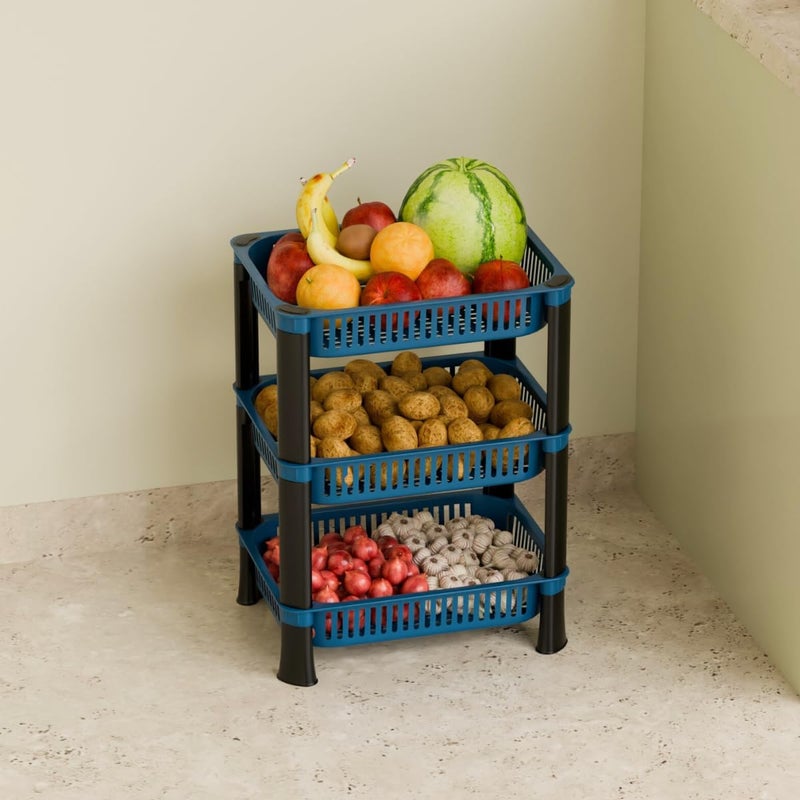 Biltoxi Multipurpose Plastic Storage Rack for Kitchen, Onion Potato Sabji, Fruit Corner Storage Stand Basket, Folding Rack, Countertop Kitchen Organizer Cart, Trolley Rack (3 Layer, Blue) - Image 1