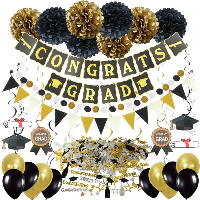 ZERODECO Graduation Decorations Black and Gold Congrats Grad Banner Paper Pompoms Hanging Swirls Graduation Confetti Paper Garland Party Balloons for Grad Party Decoration Supplies