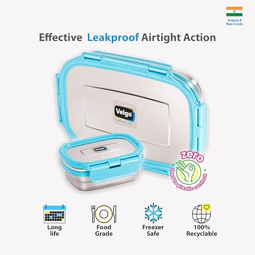 Veigo Jumbo Stainless Steel Lunch Box with Small Veg Box (950ml + 180ml)| Leakproof, Airtight & Durable Design with Detachable Clips | Ideal for School Kids | Office Tiffin| Military Green - Image 2