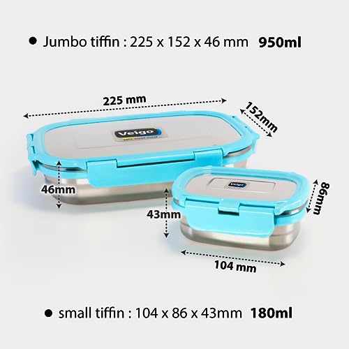 Veigo Jumbo Stainless Steel Lunch Box with Small Veg Box (950ml + 180ml)| Leakproof, Airtight & Durable Design with Detachable Clips | Ideal for School Kids | Office Tiffin| Military Green - Image 4