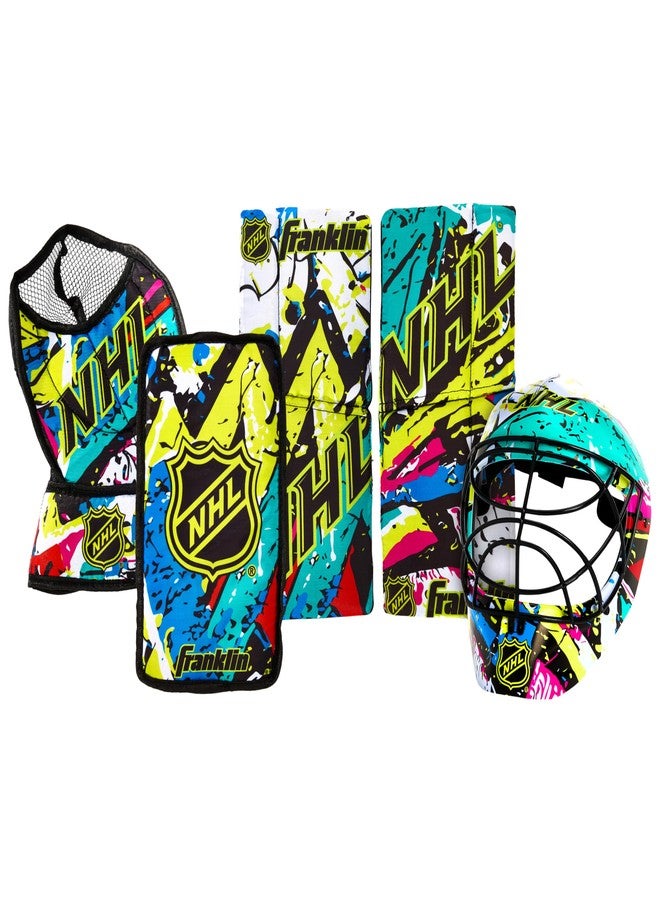 Franklin Sports NHL Youth Knee Hockey Goalie Pads + Helmet Set - Kids Knee + Mini Hockey Goalie Gear + Equipment - (2) Leg Pads, Catch Glove, Blocker + Mask Included - Graffiti - Image 1