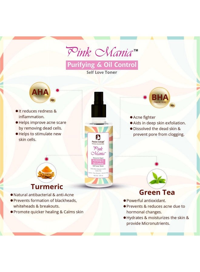 passion indulge Pink Mania Aha Bha Purifying & Oil Control Face Toner Toner With Turmeric & Green Tea Reduces Acne & Redness & Hydrates The Skin 100Ml - Image 2