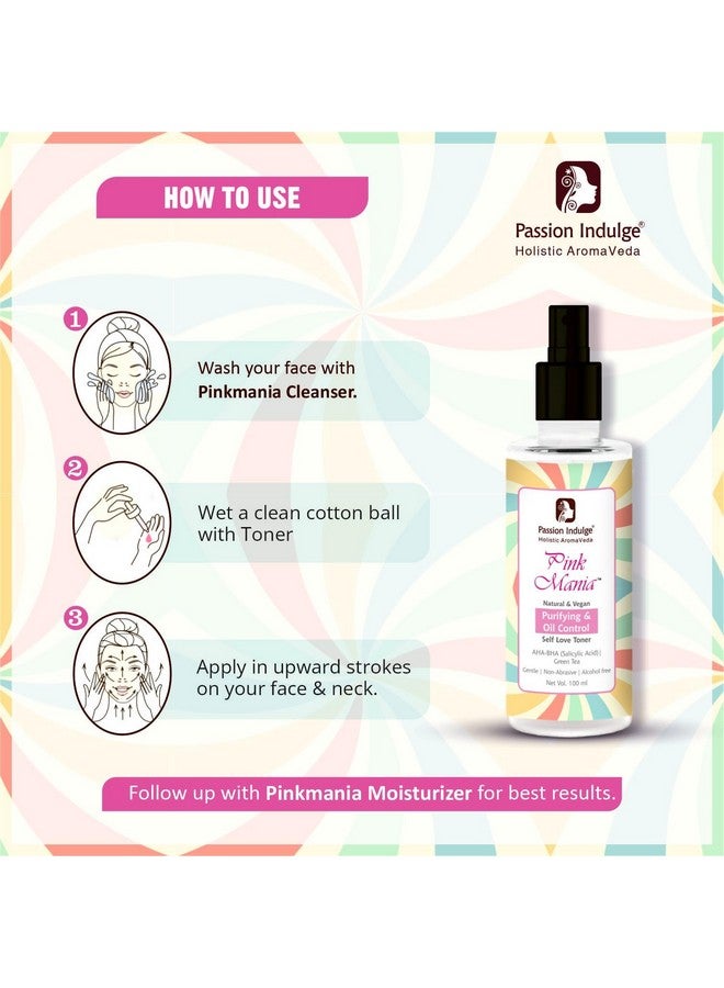 passion indulge Pink Mania Aha Bha Purifying & Oil Control Face Toner Toner With Turmeric & Green Tea Reduces Acne & Redness & Hydrates The Skin 100Ml - Image 3