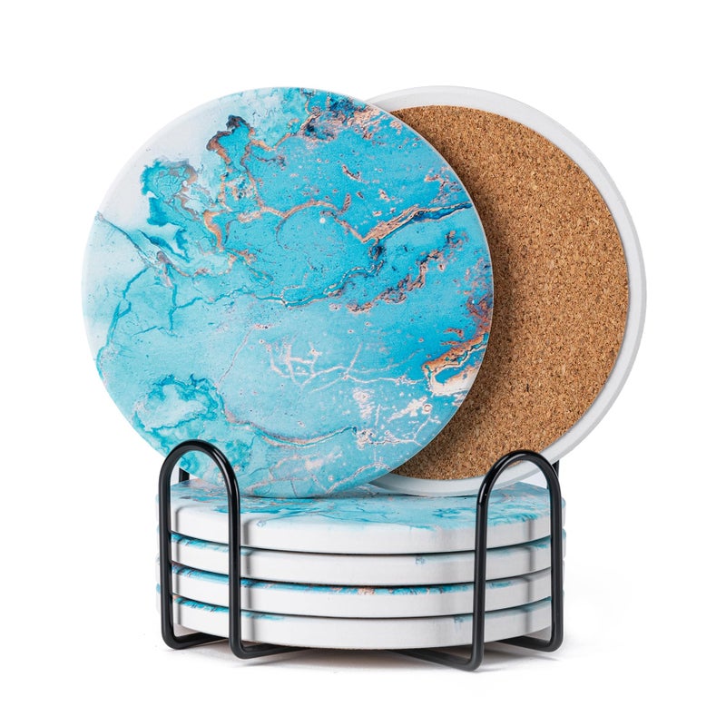 Hoewina 6Pcs Drink Coasters with Holder  Marble Style Ceramic Drink Coaster  Absorbent Coasters Set Suitable for Kinds of Cups  Modern Style Coasters for Coffee Table  4 Inches(Ocean Style) - Image 1