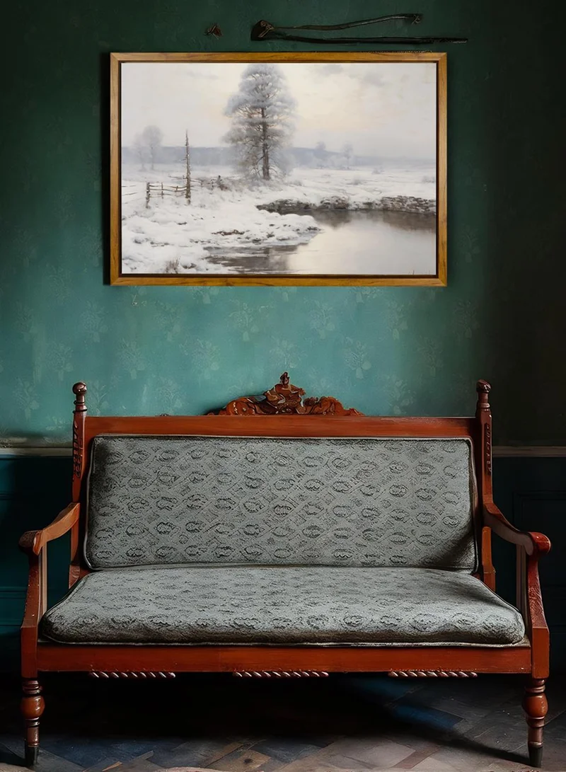 LOWHA Canvas Wall Art Stretched Over Wooden Frame with Wooden Color Floating Frame and Vintage Style Snow Along The Lake Painting