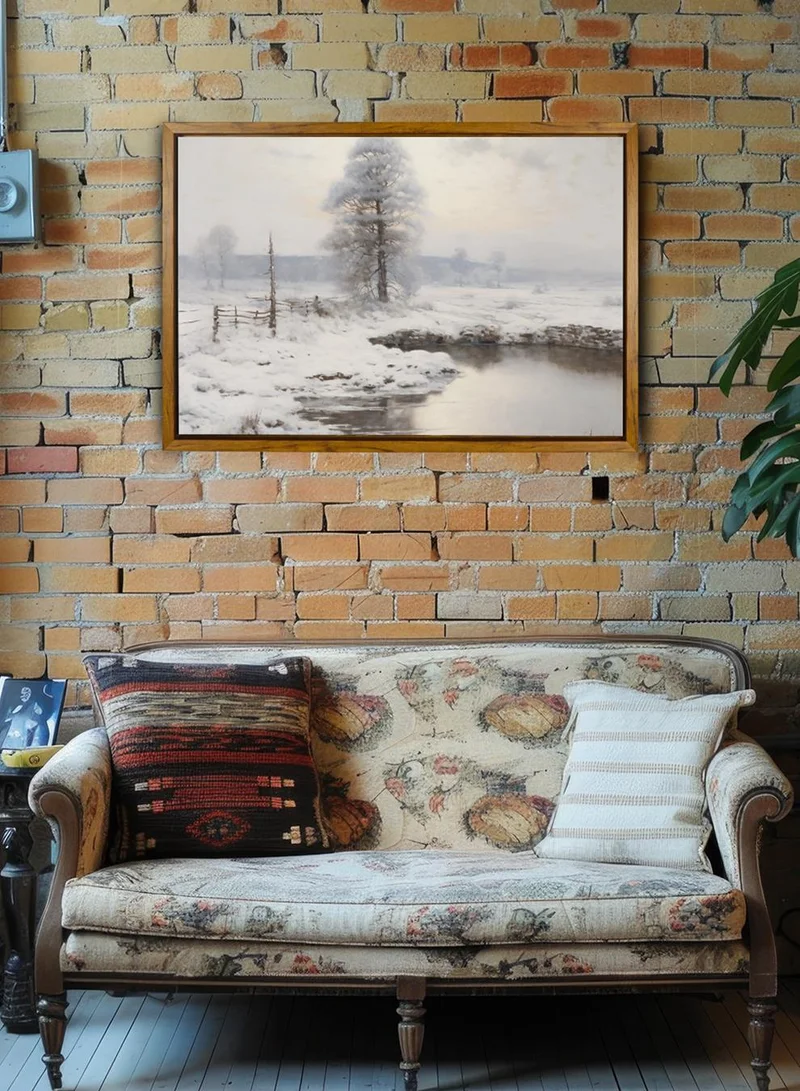 LOWHA Canvas Wall Art Stretched Over Wooden Frame with Wooden Color Floating Frame and Vintage Style Snow Along The Lake Painting