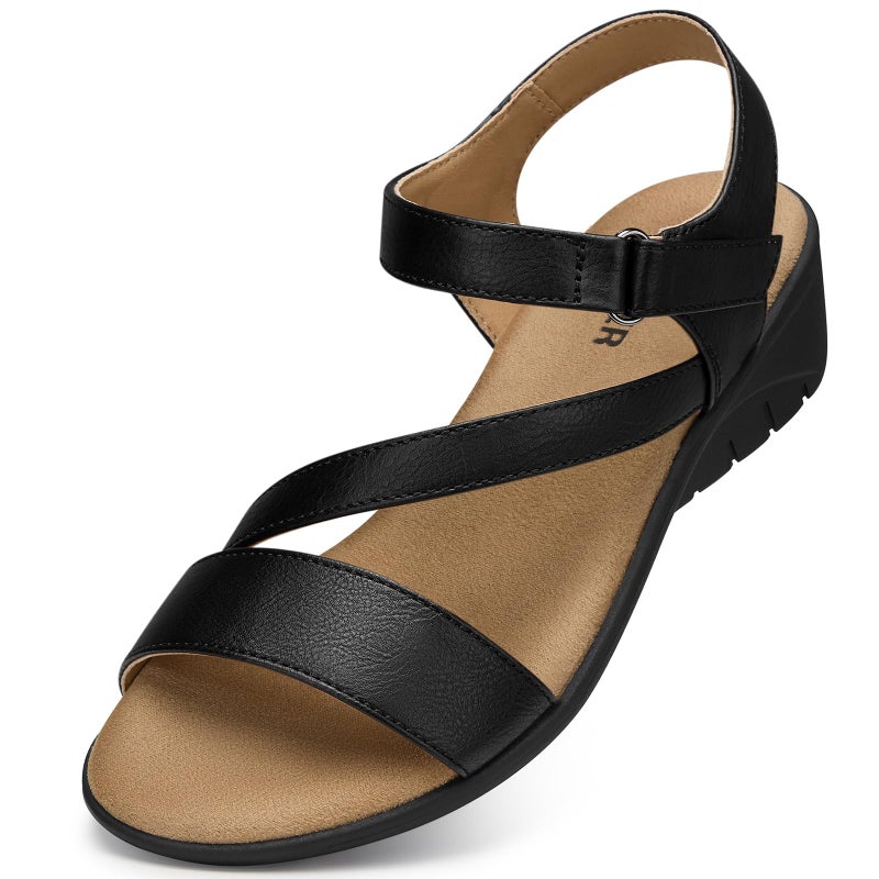 SHIBEVER Dressy Wedge Sandals for Women: Black Summer Casual Platform Strappy Rubber Arch Support Comfortable Walking Womens Wedges Sandal Outdoor Shoes Size 8 - Image 1