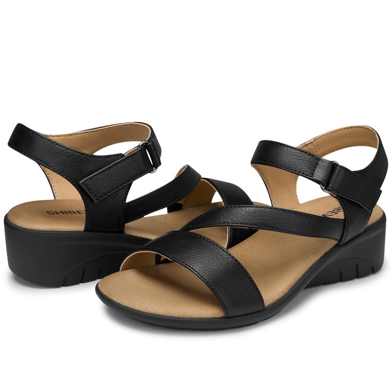 SHIBEVER Dressy Wedge Sandals for Women: Black Summer Casual Platform Strappy Rubber Arch Support Comfortable Walking Womens Wedges Sandal Outdoor Shoes Size 8 - Image 4