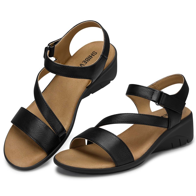 SHIBEVER Dressy Wedge Sandals for Women: Black Summer Casual Platform Strappy Rubber Arch Support Comfortable Walking Womens Wedges Sandal Outdoor Shoes Size 8 - Image 3
