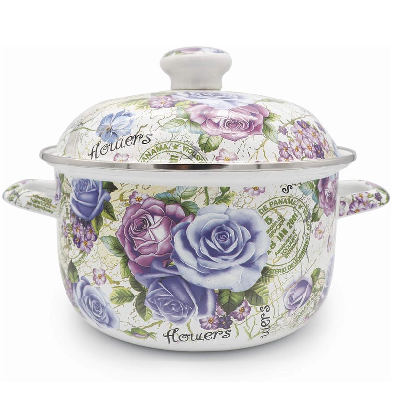 OLYTARU Enamel Stockpot with Lid, 2.5 Quart Retro Cooking Pot, Vintage Floral Stew Bean Simmer Pot with Handle, Kitchen Soup Pot,Retro Classic Design - Image 1