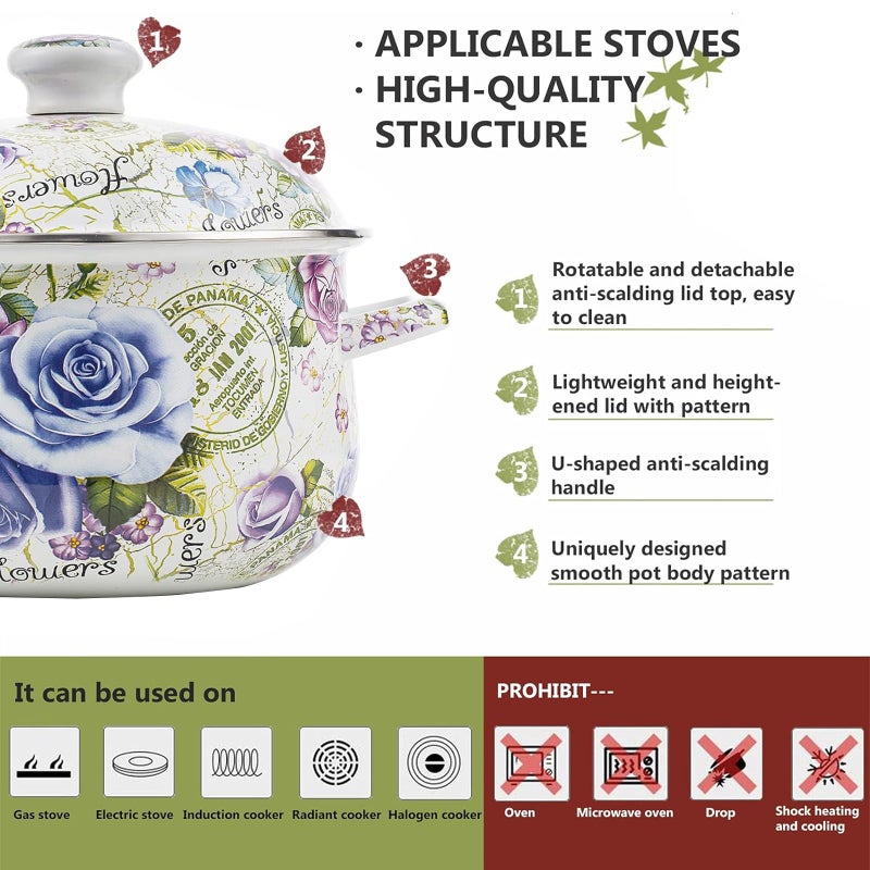 OLYTARU Enamel Stockpot with Lid, 2.5 Quart Retro Cooking Pot, Vintage Floral Stew Bean Simmer Pot with Handle, Kitchen Soup Pot,Retro Classic Design - Image 2