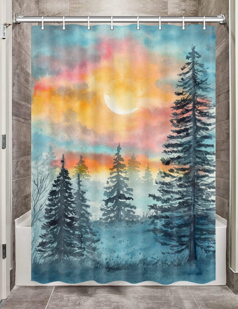 MERCHR Watercolor Forest Camper RV Shower Curtain for Travel Trailers Bathroom Blue and Grey Woodland Tree Country Camping Fabric Shower Curtains Set Natural Landscape Decor Accessories with Hooks 47X64