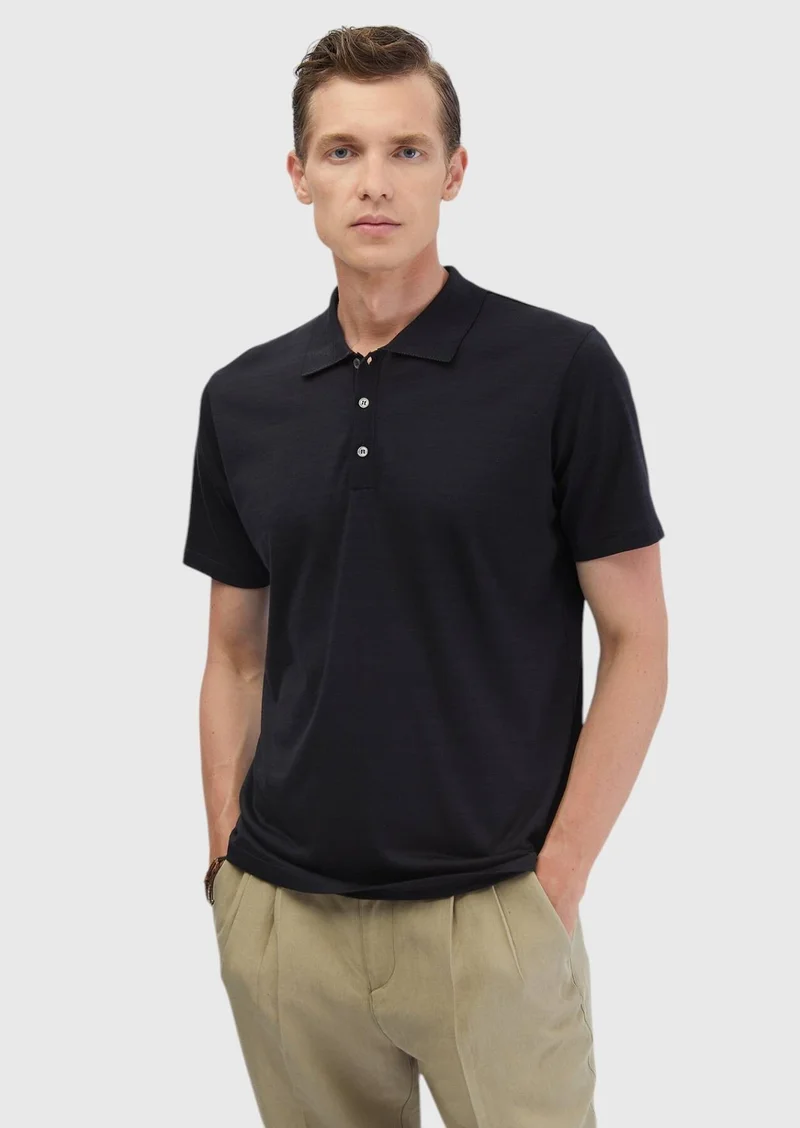 RAMSEY Black Plain Polo Neck Cotton Blended T-Shirt