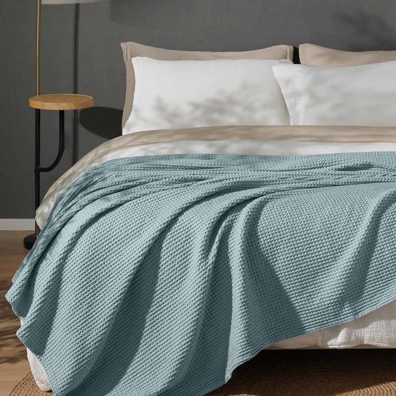 PHF Pre-Washed 100% Cotton Waffle Weave Blanket King Size for Bed,Snag Proof Throw Blanket for Couch Spring Summer Lightweight Breathable,Machine Washable, Home Decor Gift - Ocean - Image 1
