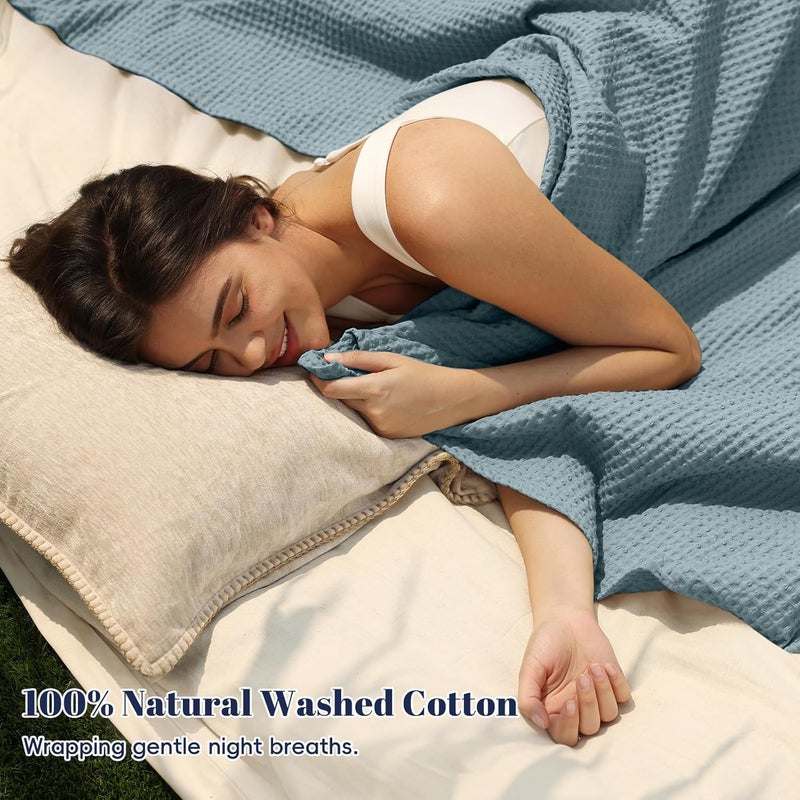 PHF Pre-Washed 100% Cotton Waffle Weave Blanket King Size for Bed,Snag Proof Throw Blanket for Couch Spring Summer Lightweight Breathable,Machine Washable, Home Decor Gift - Ocean - Image 2