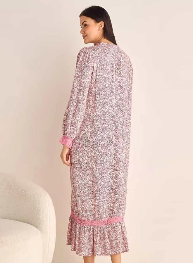 Splash FAV Floral Printed Night Gown with Long Sleeves and Tie-Up Neck