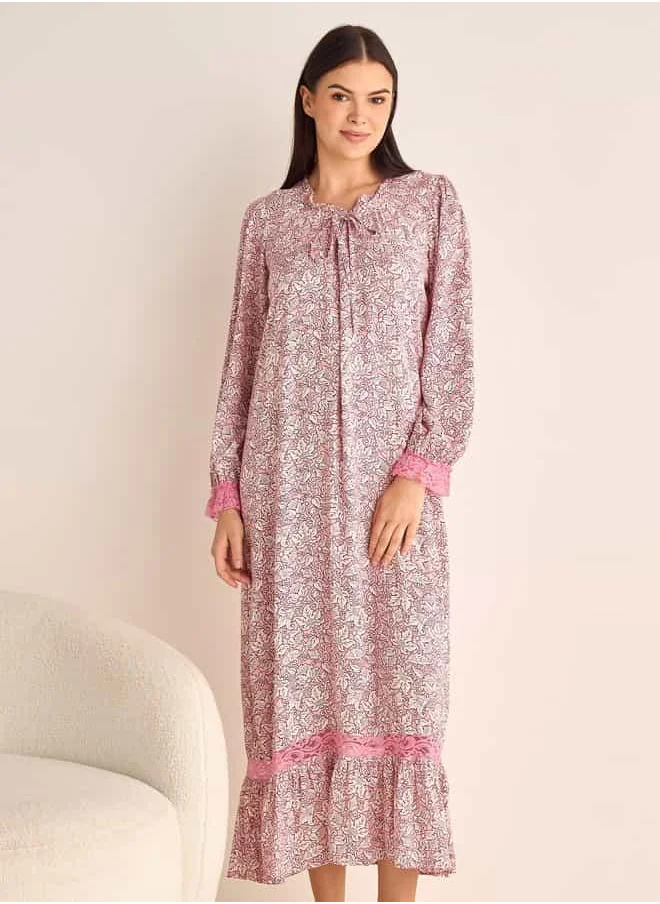 FAV Floral Printed Night Gown with Long Sleeves and Tie-Up Neck