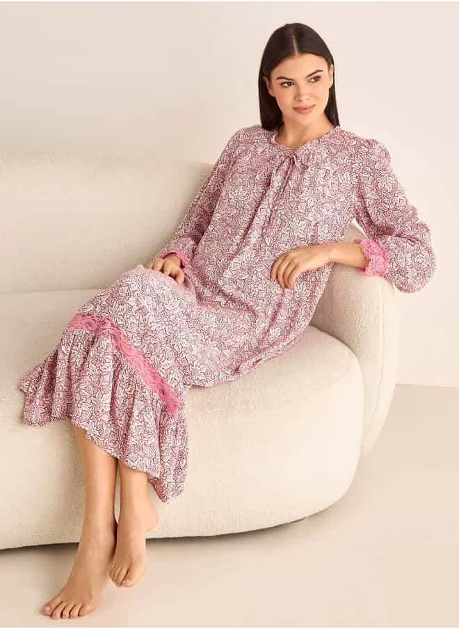 FAV Floral Printed Night Gown with Long Sleeves and Tie-Up Neck