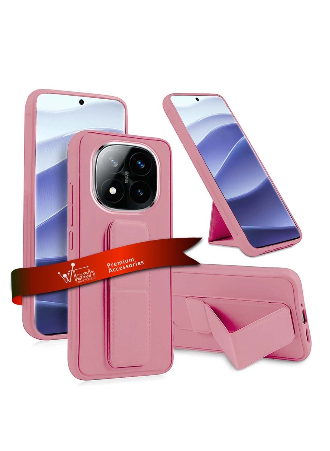 Wtech Xiaomi Redmi Note 14 Pro 5G 2024 Hand Grip Foldable Magnetic Kickstand Wrist Strap Finger Grip with Built-in Iron Case Cover - Pink