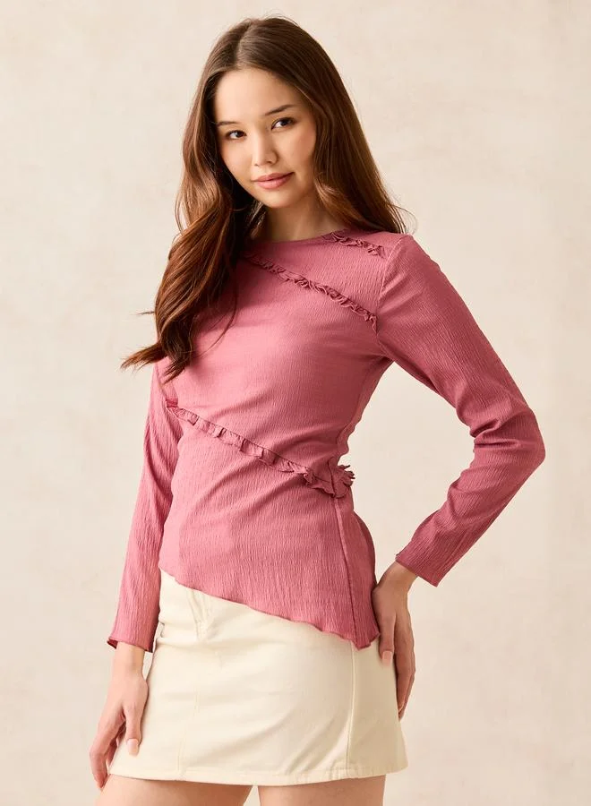 OUTZIDR Pink Textured Asymmetric Hem Knit Top