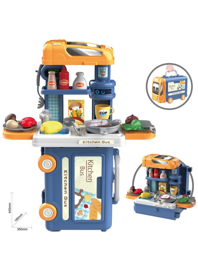 Cross Border Kids Kitchen Tableware Set Tools Screw Dentist Pet 3 In 1 Bus Play Home Suitcase Toy-Specifications:8076 Kitchen Bus Blue - Image 1