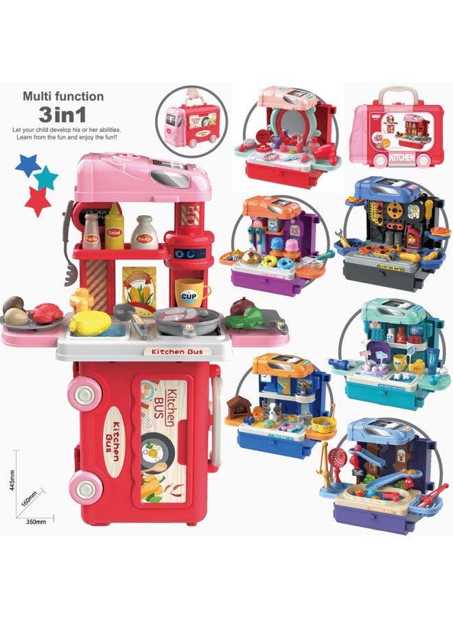 Cross Border Kids Kitchen Tableware Set Tools Screw Dentist Pet 3 In 1 Bus Play Home Suitcase Toy-Specifications:8076 Kitchen Bus Blue - Image 2