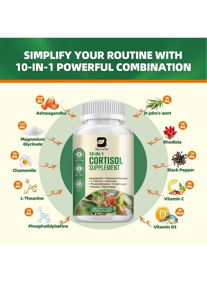 B BEWORTHS مكملات الكورتيزول من B BEWORTHS للنساء والرجال، 10 في 1 ديتوكس الكورتيزول مع الأشواغاندا، المغنيسيوم، L-ثيانين، مستويات الكورتيزول المتوازنة، دعم الليل والهدوء، 120 كبسولة نباتية - Image 2