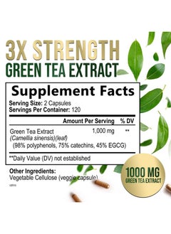 Nature's Nutrition Green Tea Extract Capsules 1000mg 98% Standardized EGCG - 3X Strength for Natural Energy - Heart Support with Polyphenols - Gentle Caffeine - 240 Capsules  - Image 2