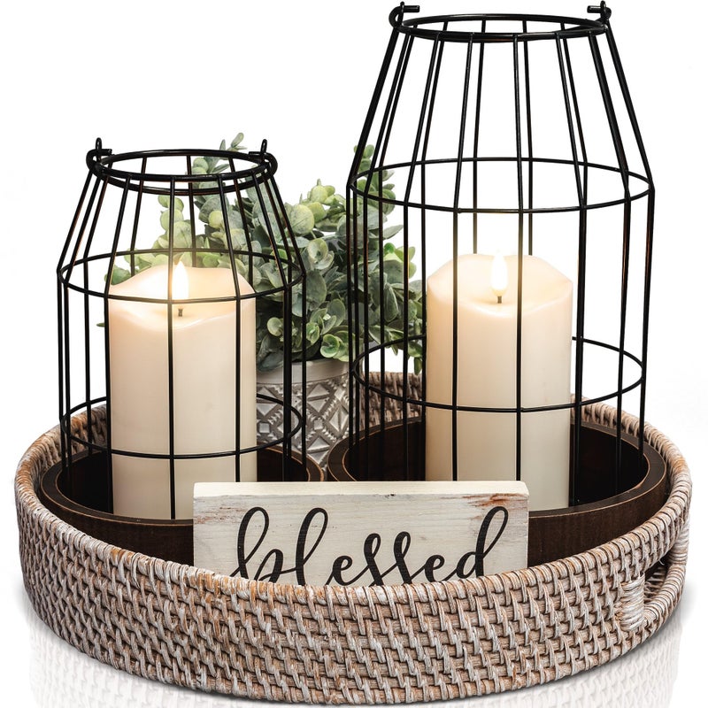 Rustic Farmhouse Lantern Decor Set of 2  Stylish Decorative Lanterns for Your Living Room Fireplace Mantle or Kitchen Dining Table  Modern Upscale Beauty for Your Entire Home