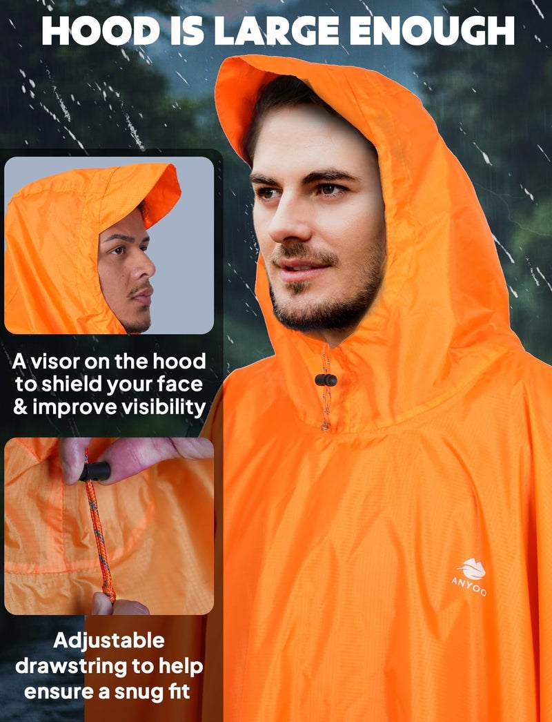 ANYOO Hooded Rain Poncho for Adults Waterproof Lightweight Rain Coats for Men Women Reusable Rain Jacket for Emergency Camping Outdoor Activities(Orange) One Size - Image 4
