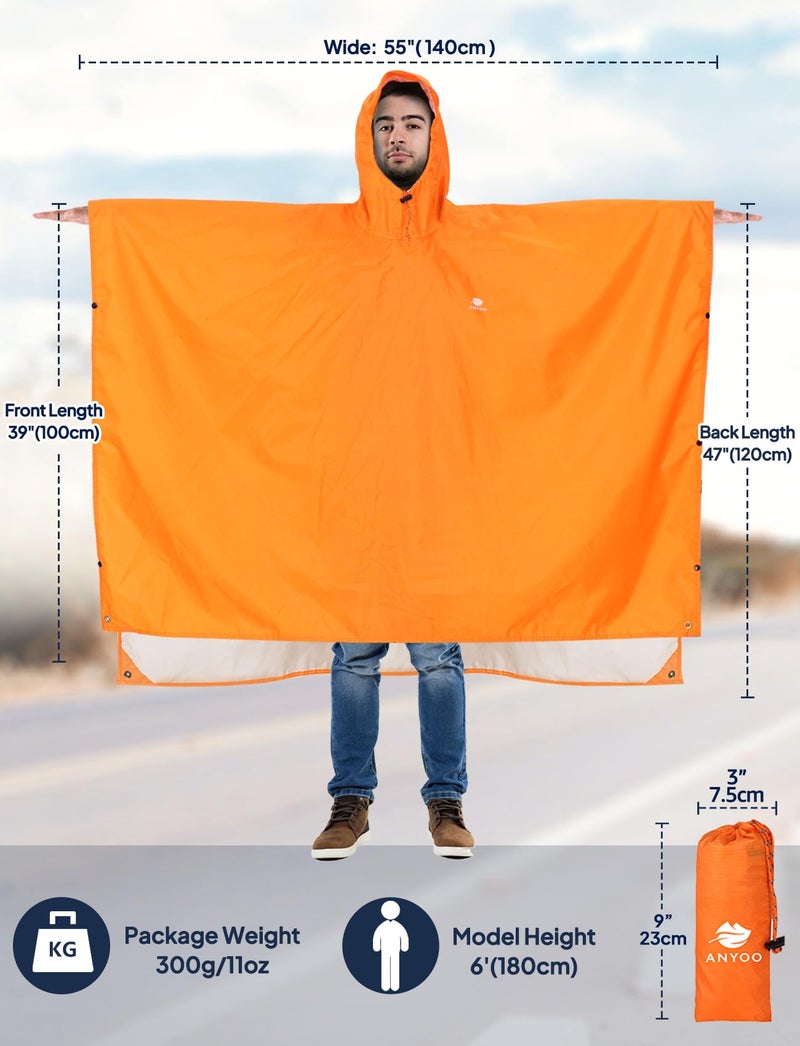 ANYOO Hooded Rain Poncho for Adults Waterproof Lightweight Rain Coats for Men Women Reusable Rain Jacket for Emergency Camping Outdoor Activities(Orange) One Size - Image 2