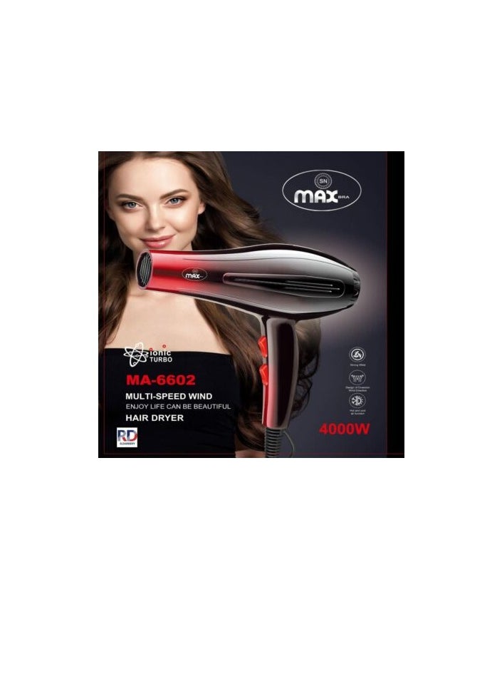 Max Professional AC Motor Hair Dryer For Salon 3 Speed Hair Dryer - 4000 W, black color 