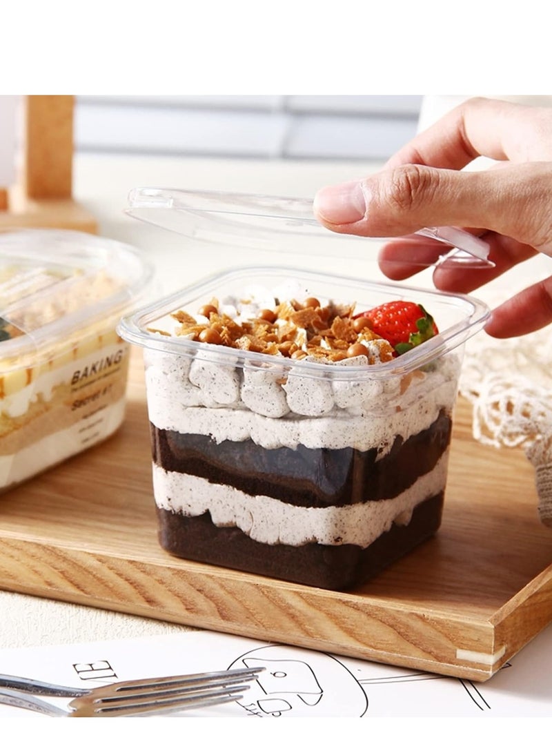 50 قطعة من أكواب الحلوى المربعة سعة 14 أونصة مع أغطية وشوك وحاوية بارفيه بلاستيكية شفافة للموس والكعك والبودنج والزبادي وسلطة الفاكهة والحفلات والخبز والوجبات الجاهزة وصناديق الحلوى التي يمكن التخلص منها - Image 3