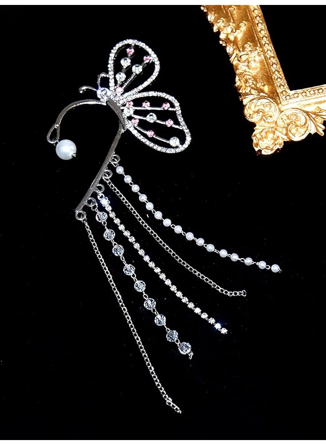 تشيميز أصفر أقراط أذن متدلية على شكل فراشة كبيرة فضية اللون مرصعة بسلسلة من الكريستال للنساء مقاس واحد من المعدن والكريستال - Image 2