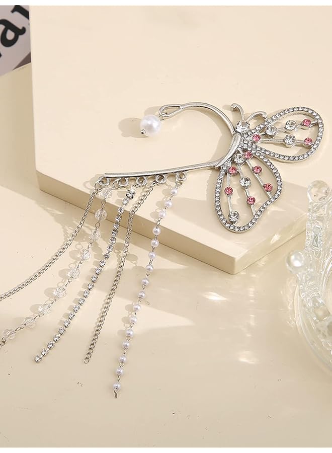 تشيميز أصفر أقراط أذن متدلية على شكل فراشة كبيرة فضية اللون مرصعة بسلسلة من الكريستال للنساء مقاس واحد من المعدن والكريستال - Image 4