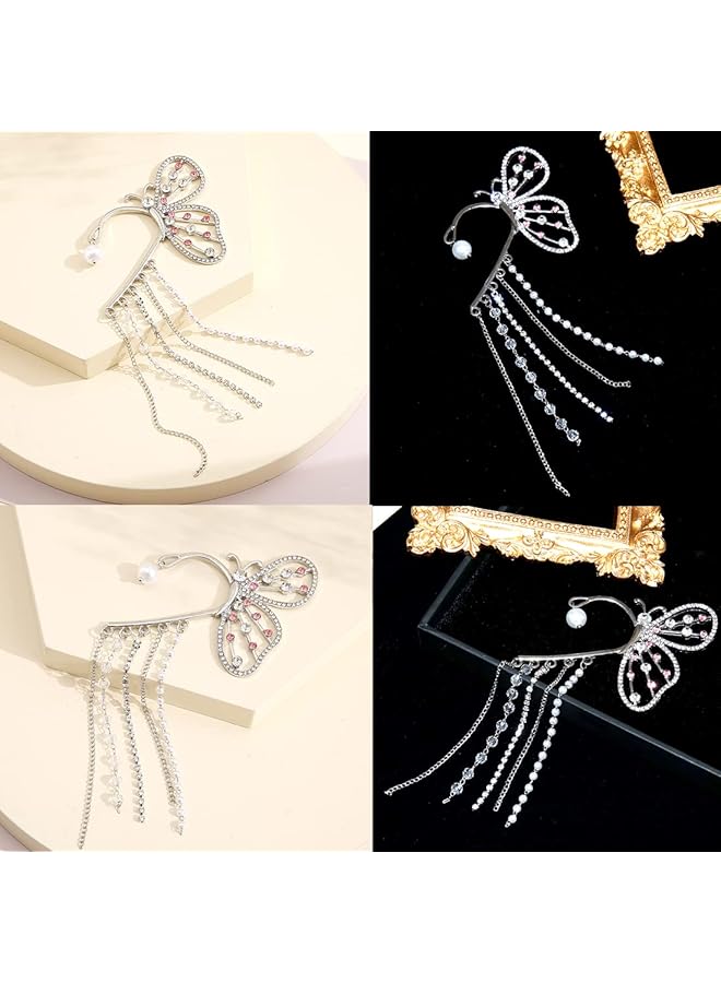 تشيميز أصفر أقراط أذن متدلية على شكل فراشة كبيرة فضية اللون مرصعة بسلسلة من الكريستال للنساء مقاس واحد من المعدن والكريستال - Image 5