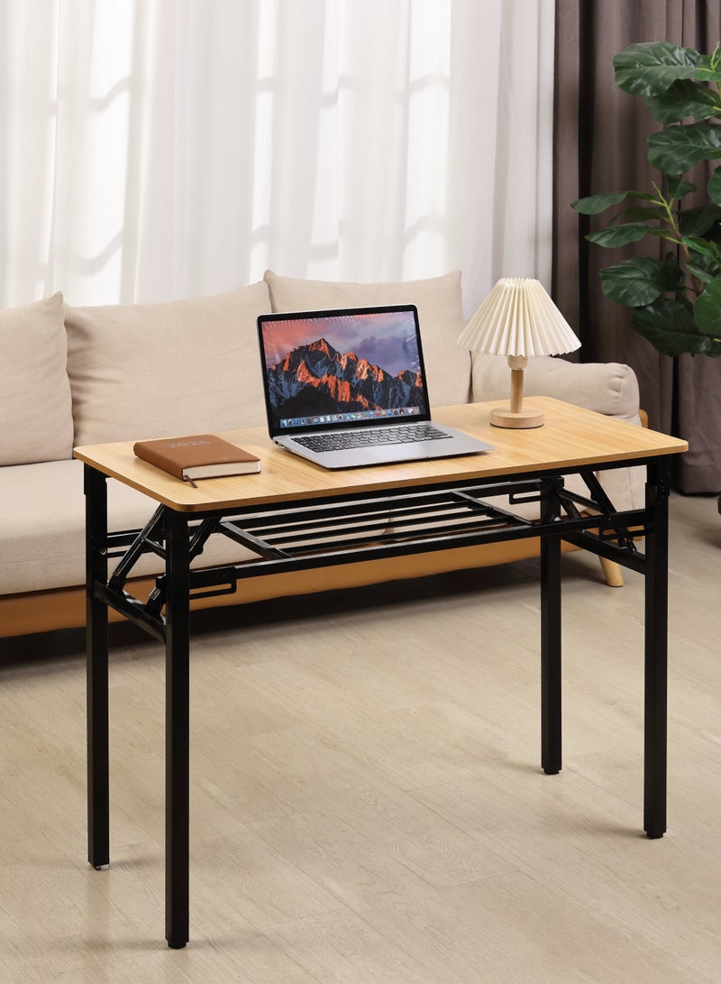 LAWAZIM Folding Table - Double Layer, 80x40cm, Brown - Foldable Rectangular Wooden Workstation Desk with Storage Shelf, Iron Frame, No Assembly Required - for Home Office, Study, Dorm, Small Spaces - Image 1