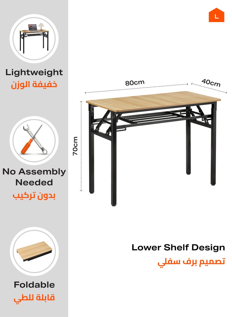 LAWAZIM Folding Table - Double Layer, 80x40cm, Brown - Foldable Rectangular Wooden Workstation Desk with Storage Shelf, Iron Frame, No Assembly Required - for Home Office, Study, Dorm, Small Spaces - Image 3