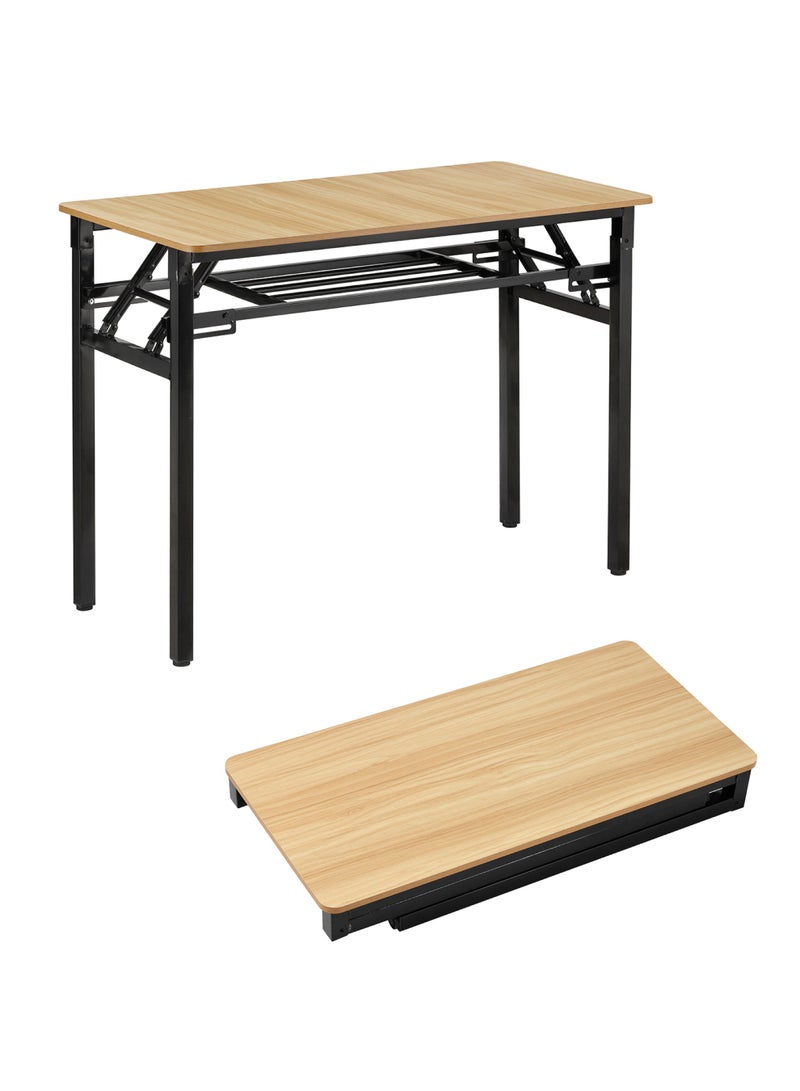 LAWAZIM Folding Table - Double Layer, 80x40cm, Brown - Foldable Rectangular Wooden Workstation Desk with Storage Shelf, Iron Frame, No Assembly Required - for Home Office, Study, Dorm, Small Spaces - Image 2