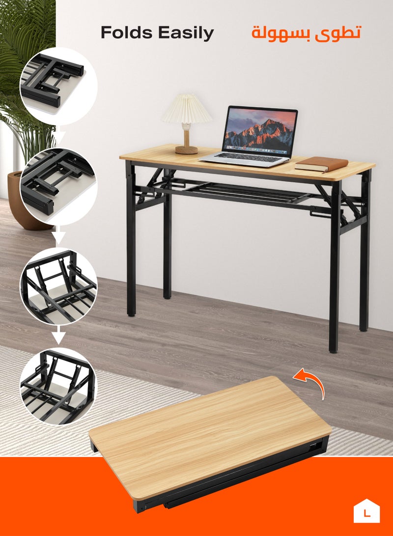 LAWAZIM Folding Table - Double Layer, 80x40cm, Brown - Foldable Rectangular Wooden Workstation Desk with Storage Shelf, Iron Frame, No Assembly Required - for Home Office, Study, Dorm, Small Spaces - Image 5
