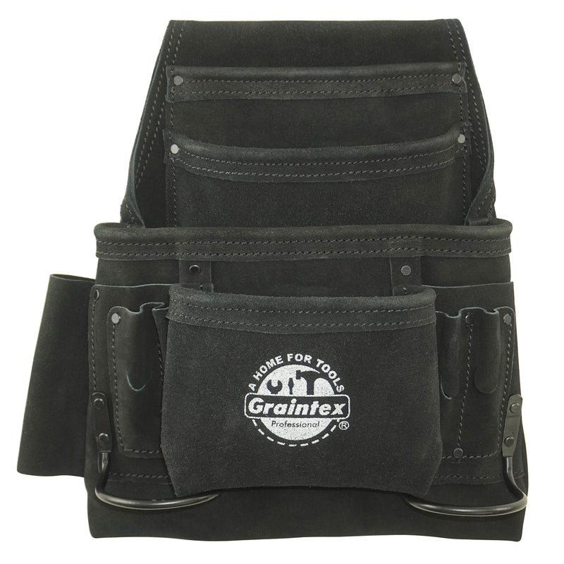 Graintex SS2770 10 Pocket Nail Tool Pouch Black Color Suede Leather for Constructors Electricians Plumbers Handymen